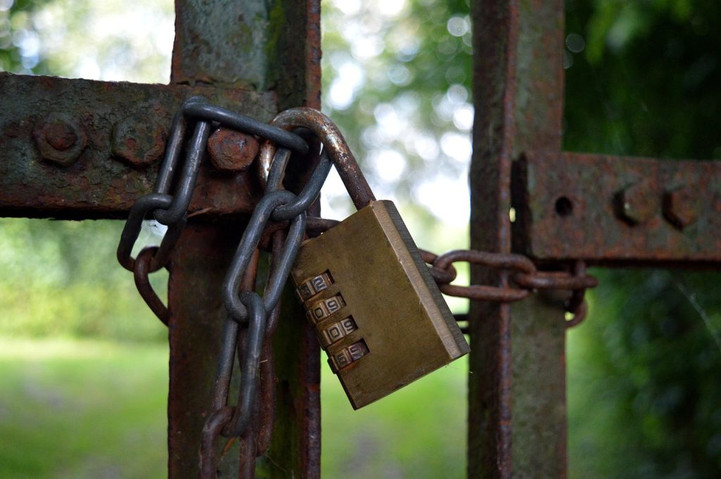 castle, security, combination lock, metal, lock, lockable, padlock, close, locked, secure, combination, steel gate, gate, chain, close up